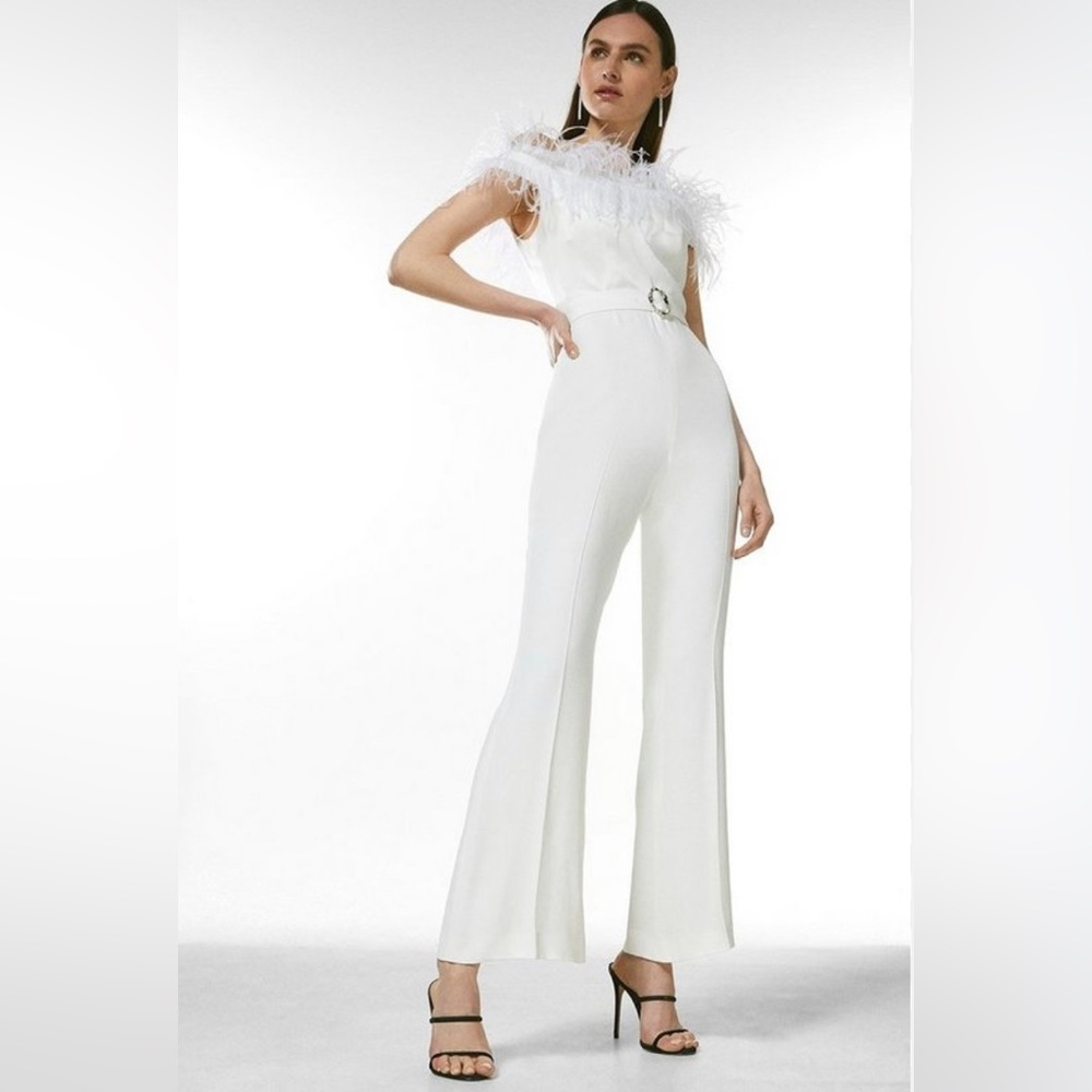 Karen Millen Viscose Satin Crepe Feather Bandeau Jumpsuit - size 4